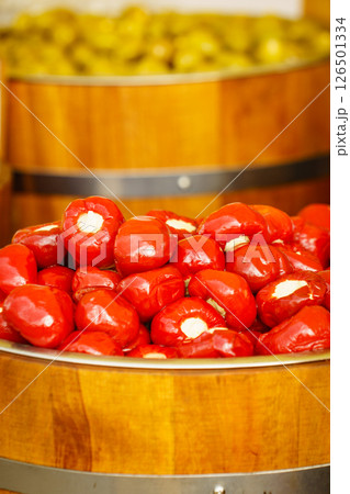 Red small peppers for sale at market Red small peppers for sale at market 126501334
