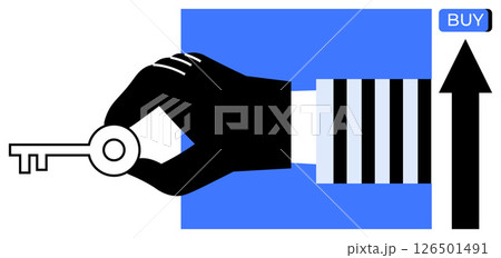 Hand holding key near upward arrow and buy button. Ideal for investment, real estate, success, e-commerce, security, financial growth, business growth. Line metaphor 126501491
