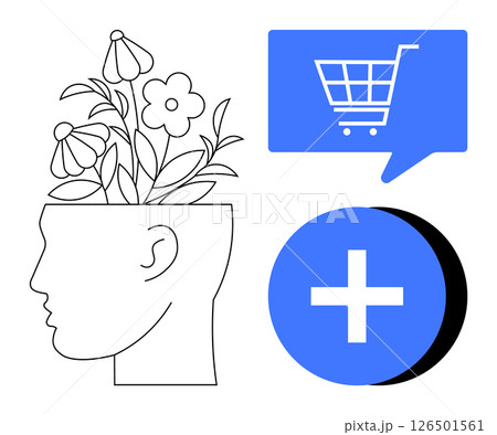 Profile head with flowers growing from it, blue shopping cart icon in speech bubble, and blue plus sign. Ideal for mental health, creativity, e-commerce, wellness, growth, online shopping 126501561