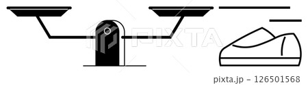 Balance scale with two pans and shoe outline illustrates decision-making, equality, and comparison. Ideal for law, justice, choices, fairness, analysis, and judgment themes. Line metaphor 126501568
