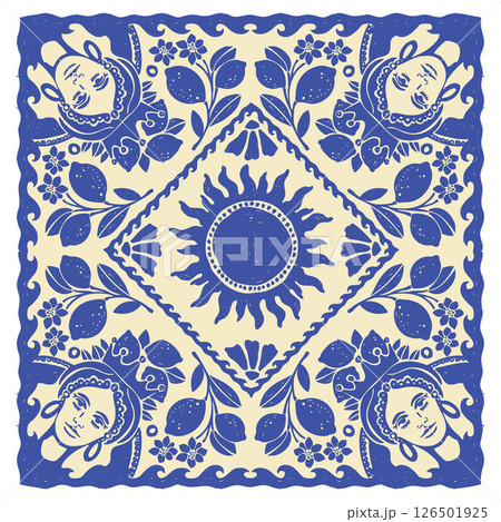 Italy lemon bandana print, hand drawn vintage Amalfi summer square decorative tile, lemon silhouette 126501925