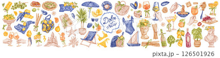 Watercolor Italy summer vacation illustration, hand drawn mediterranean travel beach sticker set.  126501926