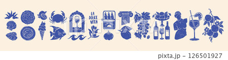 Summer Italy food print set, vector hand drawn grunge texture travel silhouette object illustration. 126501927