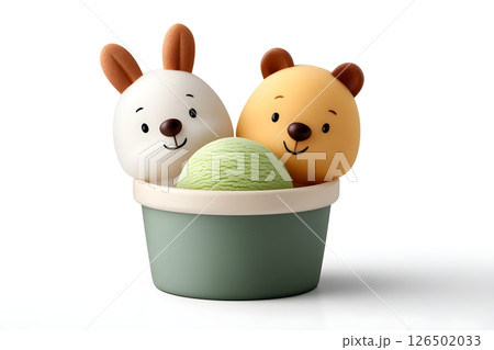 Adorable 3D illustration of two cute bear characters and mint ice cream scoop in a sage green cup. The design features a white bear and a honey-colored bear with friendly smiling expressions. 126502033