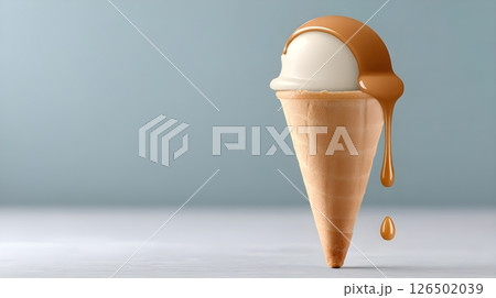 Minimalist 3D rendering of a vanilla ice cream cone with caramel drip. The image features a pristine wafer cone with a perfectly spherical scoop of white ice cream topped with flowing caramel sauce. Minimalist 3D rendering of a vanilla ice cream cone with caramel drip. The image features a pristine wafer cone with a perfectly spherical scoop of white ice cream topped with flowing caramel sauce. 126502039