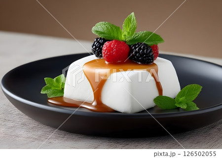 Elegant panna cotta dessert served on a modern black ceramic plate against a neutral background. The pristine white Italian dessert is topped with golden caramel sauce that gracefully drips down Elegant panna cotta dessert served on a modern black ceramic plate against a neutral background. The pristine white Italian dessert is topped with golden caramel sauce that gracefully drips down 126502055