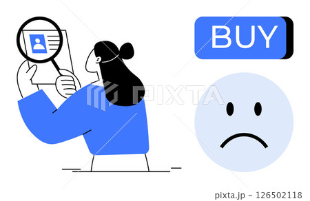 Woman analyzing a profile with a magnifying glass, blue buy button, sad face emotion. Ideal for themes thumbs up decision making, user reviews, e-commerce, customer feedback, online shopping Woman analyzing a profile with a magnifying glass, blue buy button, sad face emotion. Ideal for themes thumbs up decision making, user reviews, e-commerce, customer feedback, online shopping 126502118