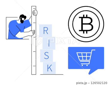 Business person measuring risk with a vertical stack of blocks spelling RISK, Bitcoin symbol, blue e-commerce shopping cart icon. Ideal for finance, investment, cryptocurrency, risk management Business person measuring risk with a vertical stack of blocks spelling RISK, Bitcoin symbol, blue e-commerce shopping cart icon. Ideal for finance, investment, cryptocurrency, risk management 126502120