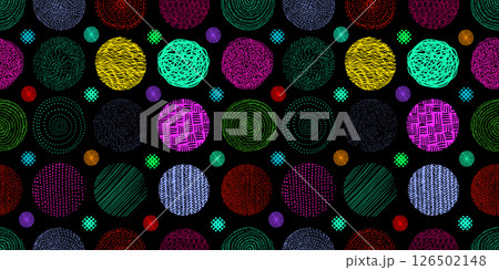 Seamless background with colored graphic circles. Hand drawing. Not AI, Vector illustration 126502148