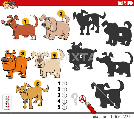 finding shadows puzzle with cartoon dogs animal characters 126502228