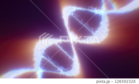 A close-up of a glowing DNA helix in a scientific, futuristic representation with electric energy 126502328