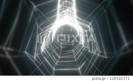 Abstract geometric tunnel formed by glowing white wireframe lines, creating a futuristic web-like structure Abstract geometric tunnel formed by glowing white wireframe lines, creating a futuristic web-like structure 126502571
