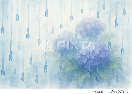 紫陽花と雨粒の水彩イラスト（梅雨の情景） 126502597