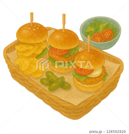 ミニハンバーガーとサイドメニューの水彩イラストセット 126502820