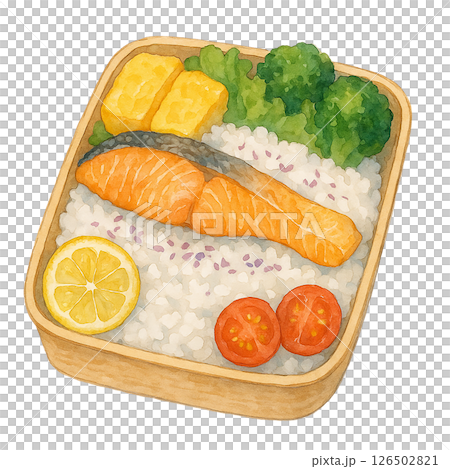 烤鮭魚便當的水彩插圖 126502821