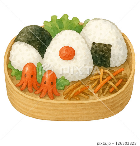 おにぎり弁当とタコさんウインナーの水彩イラスト 126502825