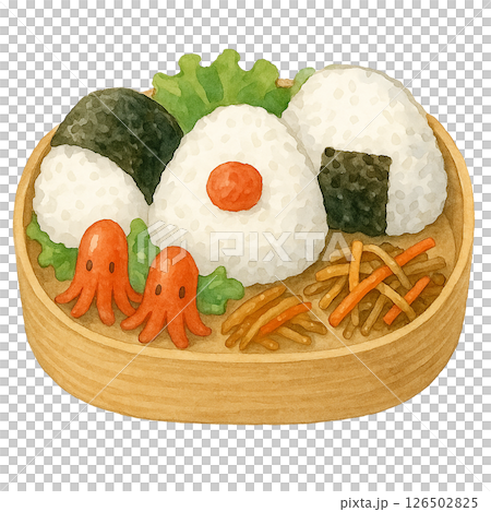飯糰便當和章魚香腸的水彩插圖 126502825