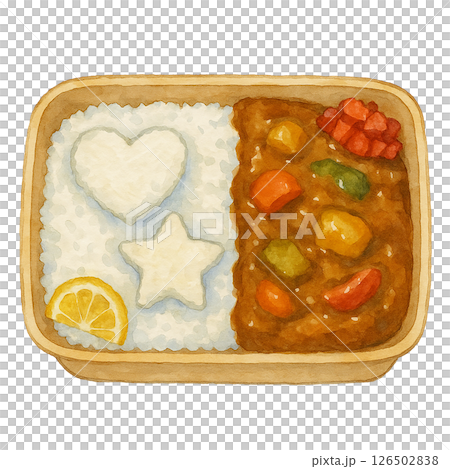 咖哩便當配米飯和愛心和星星的水彩插圖 126502838