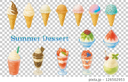 水彩風格酷糖果插圖集 |冰淇淋、刨冰、芭菲、夏季甜點食材 126502953