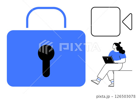 Large blue locked padlock, woman in blue shirt using laptop, and video icon with triangle. Ideal for online privacy, cybersecurity, data protection, digital media, remote work, online education Large blue locked padlock, woman in blue shirt using laptop, and video icon with triangle. Ideal for online privacy, cybersecurity, data protection, digital media, remote work, online education 126503078