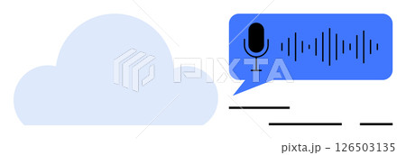 Cloud next to a blue speech bubble containing a microphone icon and waveform. Ideal for cloud technology, voice recognition, AI, virtual assistants, data storage, digital connectivity, and tech 126503135