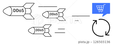 Three DDoS missiles in flight towards blue shopping cart icon and circular refresh symbol. Ideal for cybersecurity, online threats, e-commerce security, DDoS protection, data protection, business Three DDoS missiles in flight towards blue shopping cart icon and circular refresh symbol. Ideal for cybersecurity, online threats, e-commerce security, DDoS protection, data protection, business 126503136
