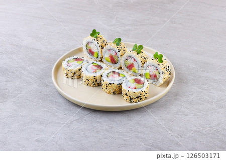 Sesame-Crusted Tuna Crab California Roll 126503171