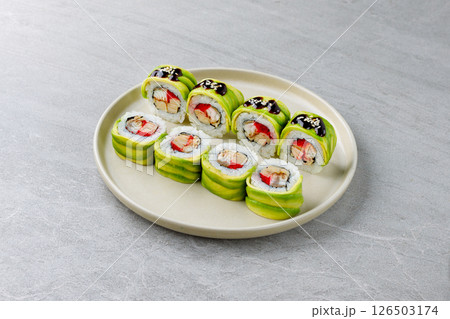Avocado Dragon Sushi Roll with Crab and Eel 126503174