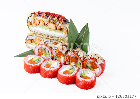 Colorful Sushi Roll and Onigirazu Stack with Salmon and Almonds on White Background Colorful Sushi Roll and Onigirazu Stack with Salmon and Almonds on White Background 126503177