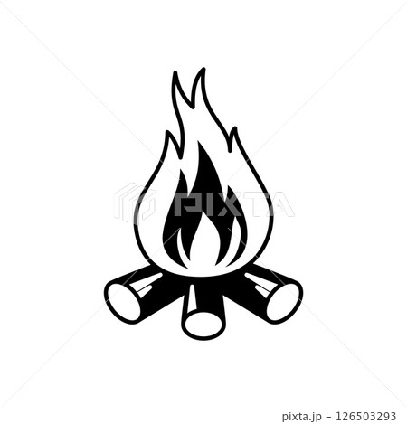 Campfire icon with burning logs in a black and white outline style. 126503293