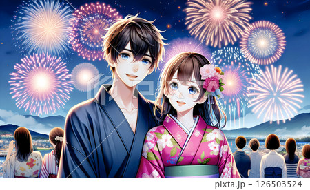花火大会で笑顔のカップル。夏祭りのイメージイラスト素材 花火大会で笑顔のカップル。夏祭りのイメージイラスト素材 126503524