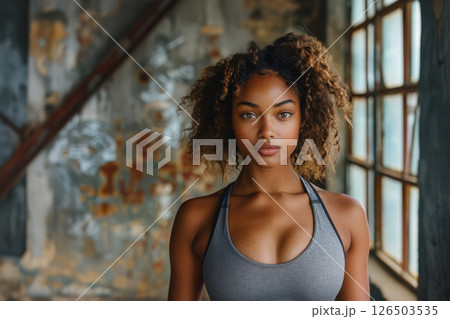 Confident African-American woman exudes strength and power as she poses in athletic wear against an industrial backdrop 126503535