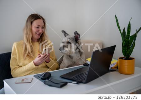 Woman in yellow sweater using phone with dog beside her at home office desk, concept of remote work  126503575