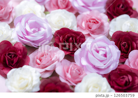 ピンクの背景に並べられた色とりどりの造花のバラ ピンクの背景に並べられた色とりどりの造花のバラ 126503759