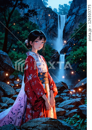 月に照らされた夜の森に立つ赤い着物を着た女性 126503775