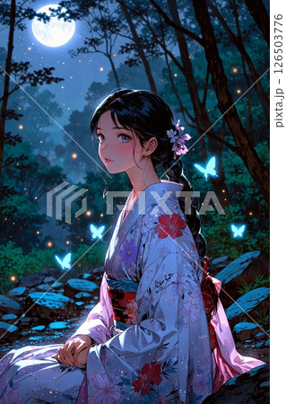 月に照らされた夜の森に立つ赤い着物を着た女性 126503776