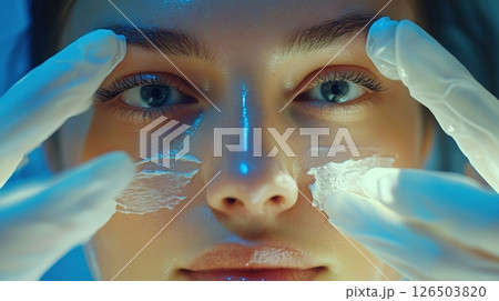 Extreme close-up of a woman's face as gloved hands gently apply translucent cream or patches under her bright eyes in a cool, blue-lit environment, highlighting delicate skincare and eye AI generated 126503820