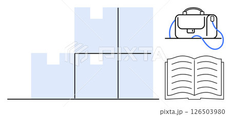 Books arranged in a grid pattern with an open book and a briefcase on the right. Ideal for education, library, studying, work, organization, reading, and office themes. Line metaphor Books arranged in a grid pattern with an open book and a briefcase on the right. Ideal for education, library, studying, work, organization, reading, and office themes. Line metaphor 126503980