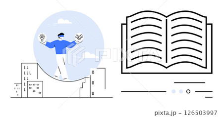 Businessperson juggling gears and books while balancing on a line. Open book with text lines. Ideal for education, multitasking, balance, technology integration, learning, business, city life themes Businessperson juggling gears and books while balancing on a line. Open book with text lines. Ideal for education, multitasking, balance, technology integration, learning, business, city life themes 126503997