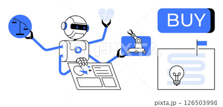 Robot holding icons of balance scale, heart, robotic arm analyzing data on tablet button with BUY light bulb above path. Ideal for technology, AI, multitasking, robotics, automation, decision-making Robot holding icons of balance scale, heart, robotic arm analyzing data on tablet button with BUY light bulb above path. Ideal for technology, AI, multitasking, robotics, automation, decision-making 126503998