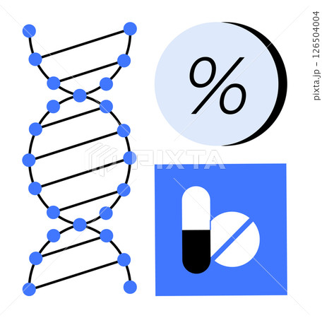 DNA double helix illustration, percentage symbol on circular background, and pharmaceutical icons including a pill and a capsule. Ideal for healthcare, biotechnology, genetics, medical research DNA double helix illustration, percentage symbol on circular background, and pharmaceutical icons including a pill and a capsule. Ideal for healthcare, biotechnology, genetics, medical research 126504004
