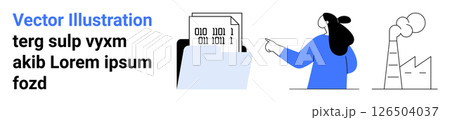 Office worker pointing at binary files in a folder, alongside an industrial factory with smoke. Ideal for technology, office work, data management, industry, environmental impact, business 126504037