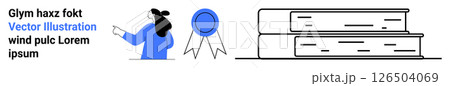 Female character pointing at a blue badge, stack of two books, placeholder text on the side. Ideal for education, e-learning, academic achievement, study tips, online courses, school projects 126504069