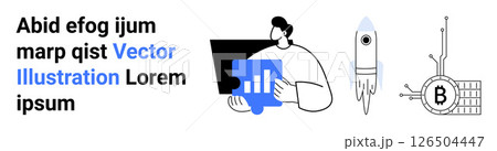 Businessperson holds a chart, rocket graphic, and Bitcoin symbol interconnected with a circuit board. Ideal for business analytics, tech startups, blockchain, crypto, finance, marketing 126504447