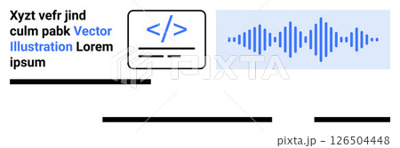 Code snippet icon, blue audio waveform, and text placeholders. Ideal for tech, programming, audio design, digital content, web development, educational materials, infographics. Landing page Code snippet icon, blue audio waveform, and text placeholders. Ideal for tech, programming, audio design, digital content, web development, educational materials, infographics. Landing page 126504448