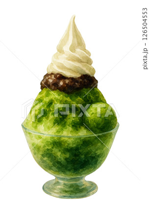ソフトクリームが乗った濃厚な抹茶かき氷の水彩画素材 126504553