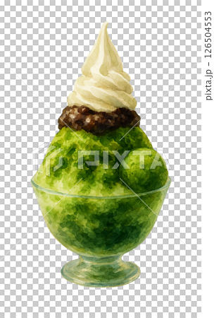 ソフトクリームが乗った濃厚な抹茶かき氷の水彩画素材 126504553