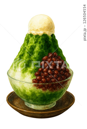 バニラアイスとたっぷり小豆の抹茶かき氷、水彩画素材 126504554
