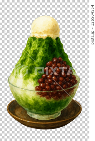 バニラアイスとたっぷり小豆の抹茶かき氷、水彩画素材 126504554