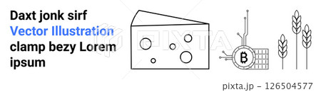 Cheese wedge, bitcoin mining rig, wheat stalks in simple outline. Ideal for agriculture, blockchain tech, food industry, cryptocurrency, minimalist designs, educational purposes, infographic. Landing 126504577